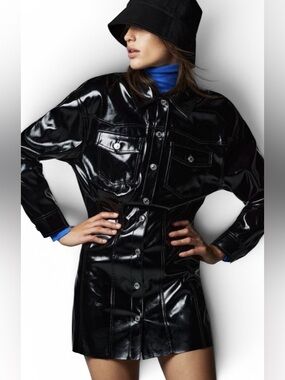 Zara Women’s “The Raeh” Black Faux Leather Shirt Mini Dress Size X-Small NWOT